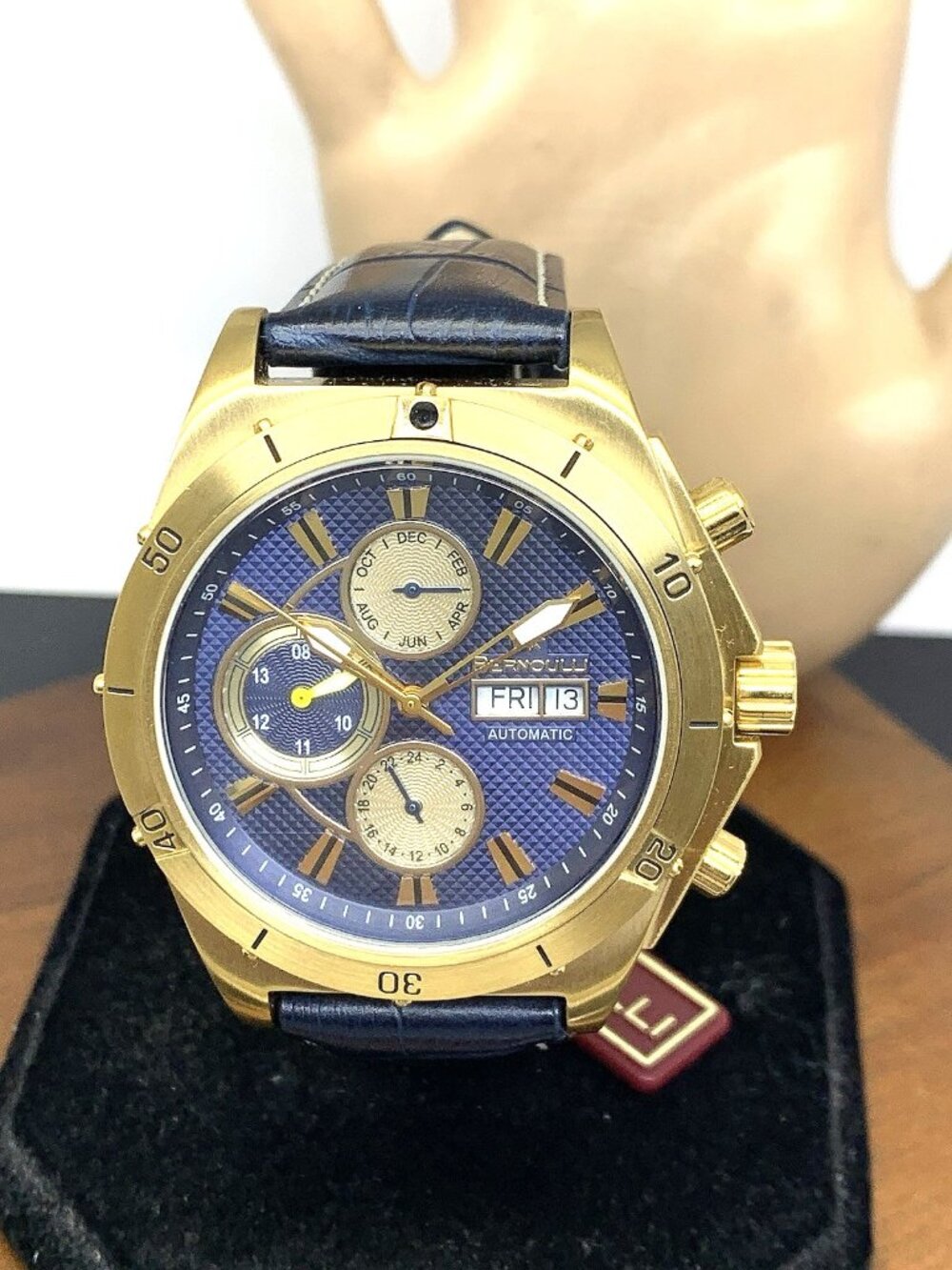 Bernoulli Mens Watch Automatic Gold Blue Dial Triple Calendar Leather Strap 45mm